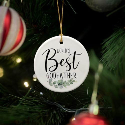Dimurela Leaf Godfather Christmas Ornament - 3in Ceramic Keepsake, Rustic Thank You Gift