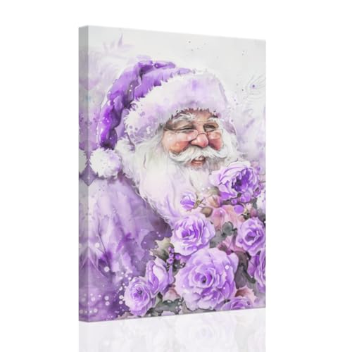 Christmas Canvas Wall Art Santa Claus and Rose Print - Purple, 16x24 Inches Framed Holiday Decor
