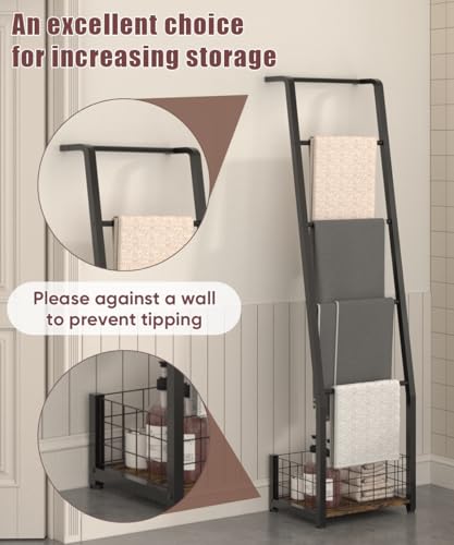 5-Tier Blanket Ladder with Storage Basket, Leaning Quilt Rack Stand
