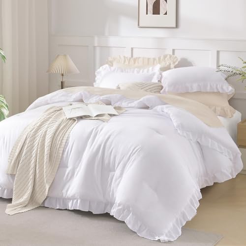 3-Piece White Ruffle Comforter Set, Soft All-Season Farmhouse Bedding