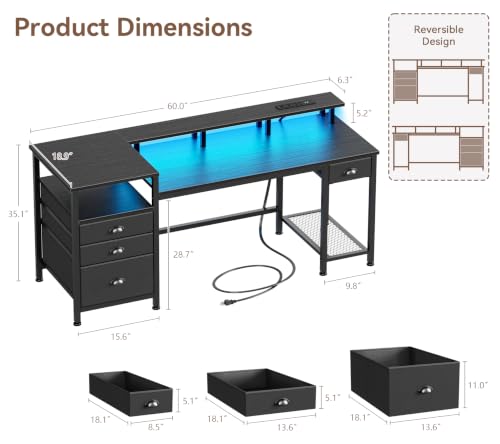 60-Inch Computer Desk with LED Lights, USB Charging Station, and 4 Drawers