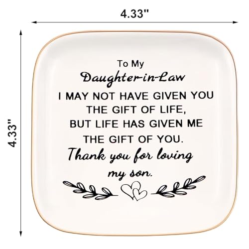 Daughter-in-Law Jewelry Dish Trinket Tray - Gift for Mother-in-Law, 4.33in Ceramic with Gold Rim