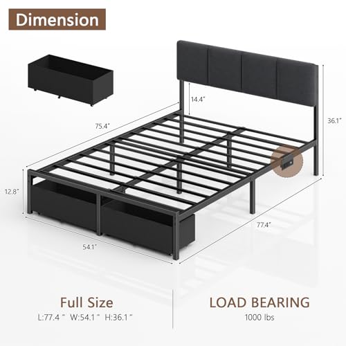 Full Size Platform Bed Frame with LED Headboard, Storage Drawers & USB