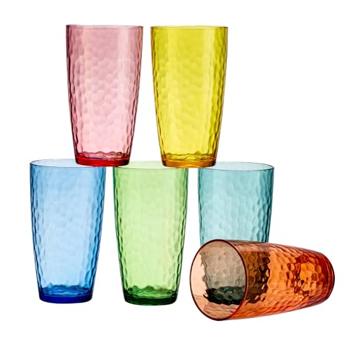 Hammered Acrylic Drinking Glasses, 20 oz Rainbow Tumbler Set of 6