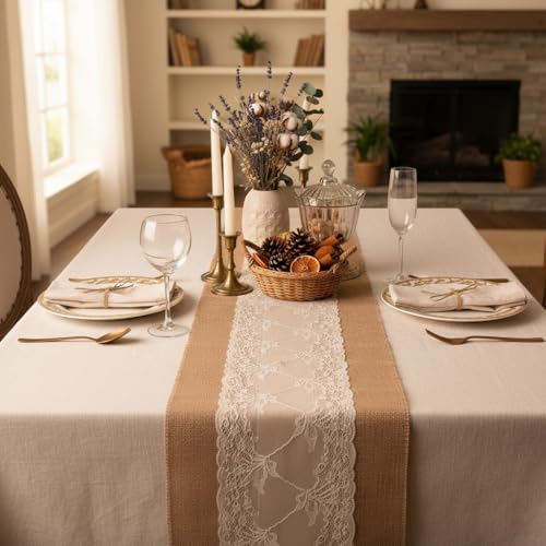 Ephyrosa 79" Burlap Table Runner with Lace – Rustic Farmhouse Decor