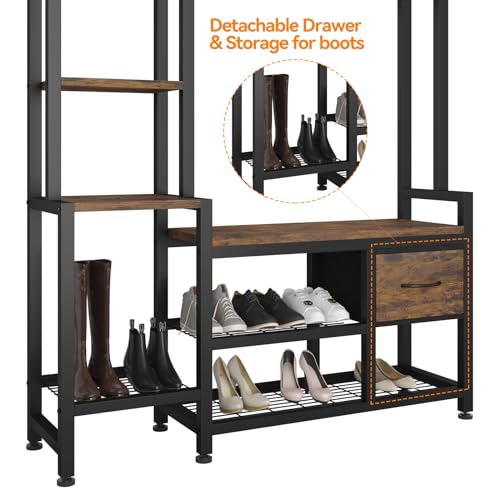 43" Industrial Hall Tree with Shoe Bench, Coat Rack, and Storage Drawers