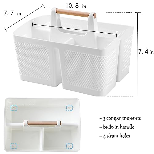 Rejomiik Portable Plastic Shower Caddy Basket with Wood Handle, White