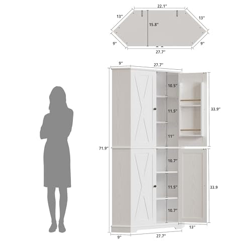 72-inch Farmhouse Corner Pantry Cabinet with Adjustable Shelves, White