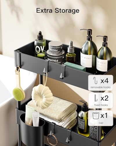 3-Tier Slim Rolling Storage Cart with Wheels & Hooks for Narrow Spaces, Black