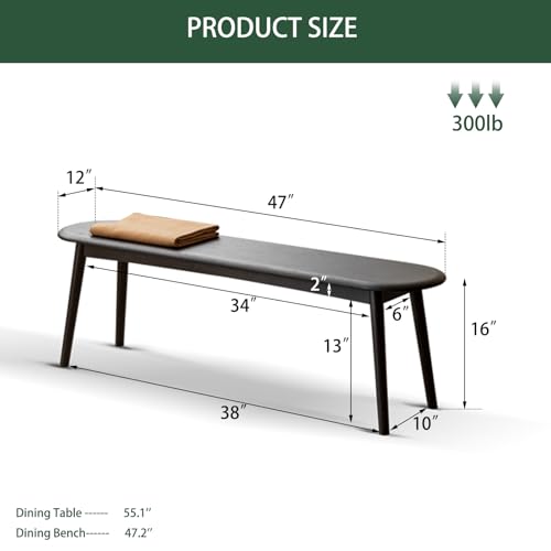 47-Inch Solid Oak Wood Dining Bench, Modern Rounded Entryway Bench