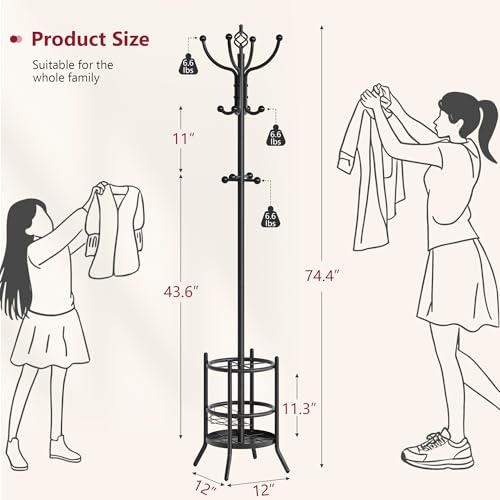 Freestanding Coat Rack with Umbrella Holder and 16 Hooks, Black Metal
