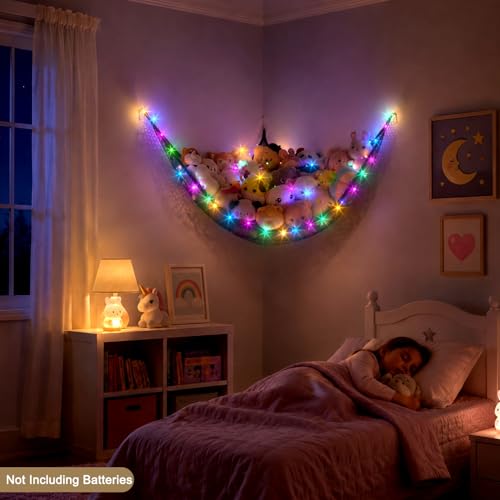Stuffed Animals Hammock with LED Lights Corner Toy Storage Net