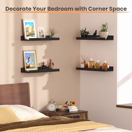 Black Floating Shelves Set of 6 - 15.7 Inch Wall Mounted Wood Shelves