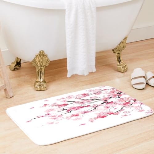 Pink Cherry Blossom 4-Piece Shower Curtain Set with Memory Foam Rugs