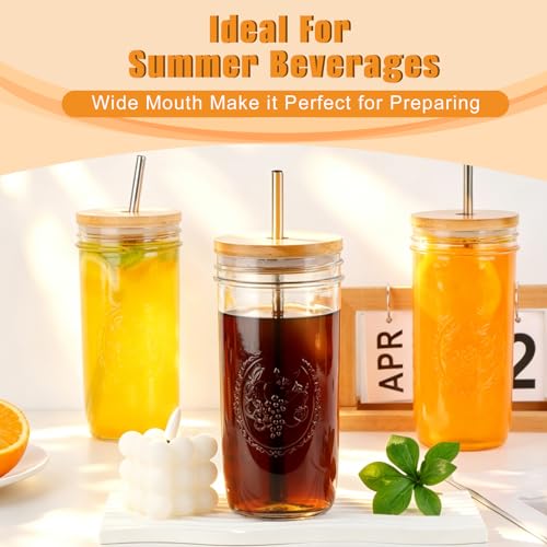 24 oz Glass Mason Jar Tumblers with Lids and Straws - 4 Pack Embossed Mugs