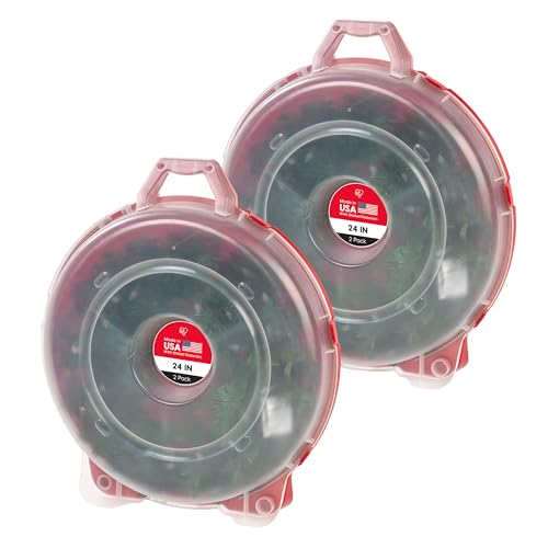 IRIS USA 2-Pack 24-Inch Wreath Storage Containers with Latches - Round, Clear/Red