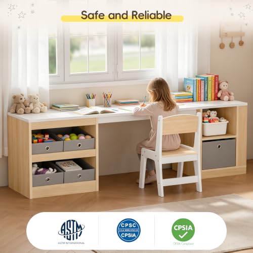 Kids Double Study Desk and Chair Set with Storage Shelves and Fabric Bins