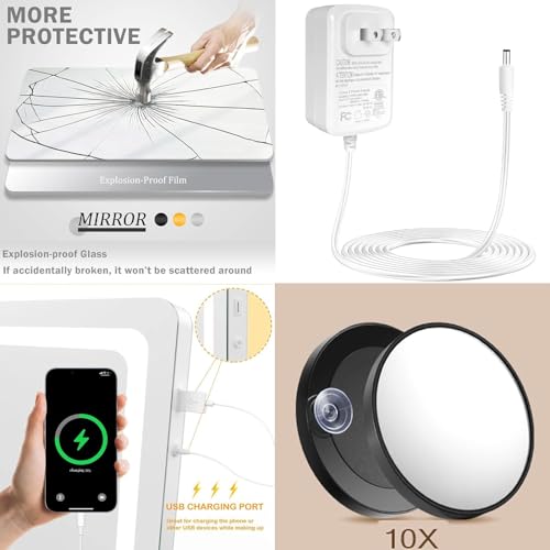 Gvnkvn 24x19 Inch Square White LED Makeup Vanity Mirror with USB Charging & 10X Magnification