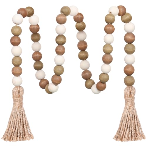39-inch Wood Bead Garland with Tassels, Rustic Farmhouse Boho Decor