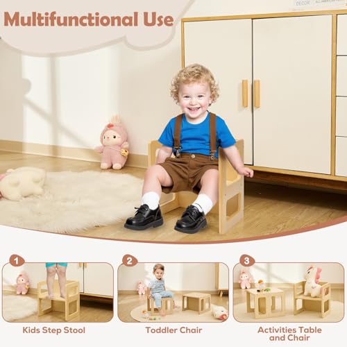 FUNLIO Montessori Toddler Chair 1-3 Years, Height Adjustable Natural Pine Wood, Includes 1pc - Montessori Furniture for Eating & Play