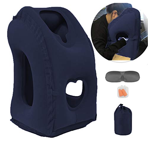 Inflatable Travel Neck Pillow for Airplane Comfort - Blue
