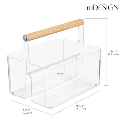 mDesign Plastic Portable Shower Caddy Divided Basket Bin Storage Organizer with Bamboo Handle for Bathroom, Dorm, Shelf & Cabinet Holds Shampoo, Conditioner - Aura Collection, Clear/Natural