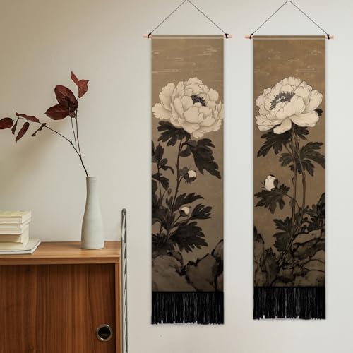 Japanese Peony Vertical Tapestry with Tassels (2 Pack) - Floral Wall Hanging