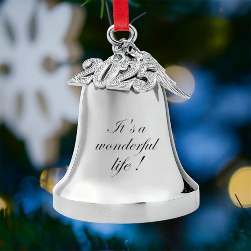 2026 Christmas Bell Ornament with Angel Wing Charm, Silver Metal Keepsake