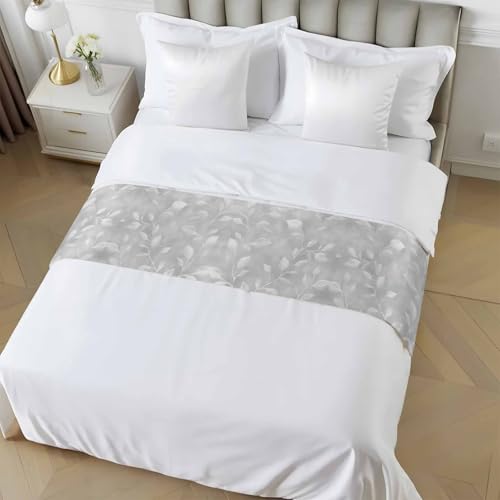 Silver Gray Leaf Bed Runner, 102x20 Inch Cal King Decorative Bed Scarf