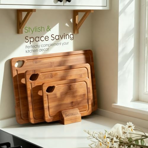 Astercook 3-Piece Deep-Carbonized Bamboo Cutting Board Set with Storage Stand, Reversible Juice Grooves & Handles
