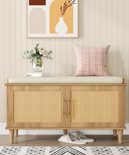 Rattan Shoe Storage Bench with Padded Cushion and Adjustable Shelves