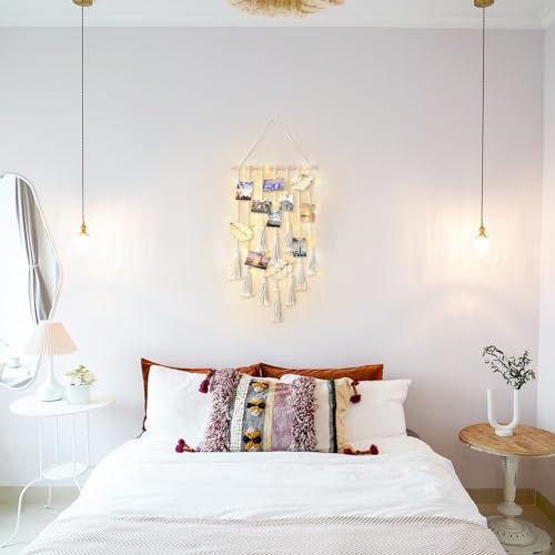 Macrame Hanging Photo Display with String Lights and 30 Wood Clips