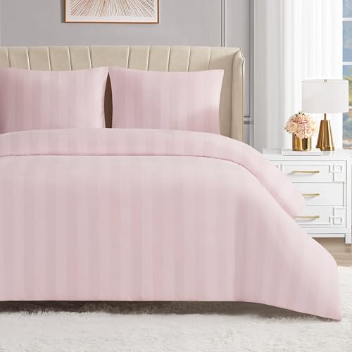 King Size Duvet Cover Set - Pink Striped Velour 3 Piece Bedding
