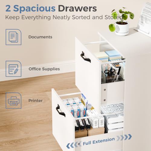 2-Drawer Mobile Storage Cabinet, Rolling Under Desk Printer Stand - White