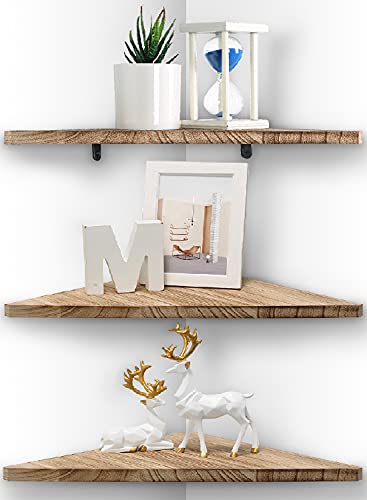 Rustic Corner Wall Shelf Set of 3, Floating Wood Display Shelves