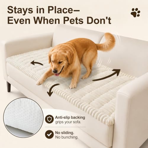 Non-Slip Plush Pet Sofa Protector - Washable Couch Cover, White (27.6" x 59")