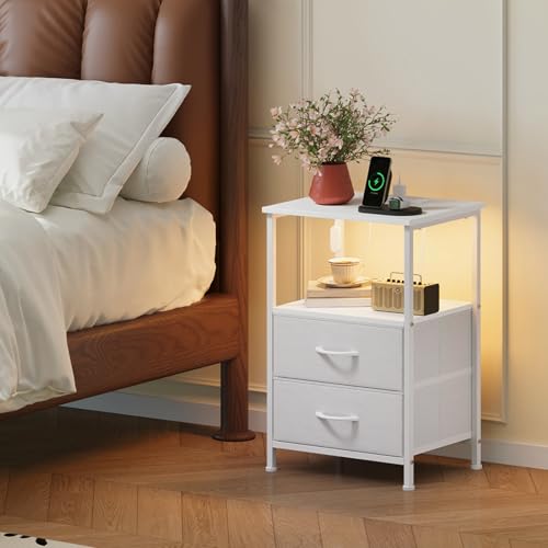 LED Nightstand with Charging Station & 2 Drawers - White Bedside Table