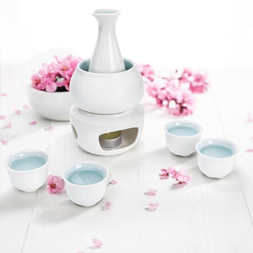 Foraineam Ceramic Sake Set with Warmer and Cups - Japanese Style Hot Drink Barware