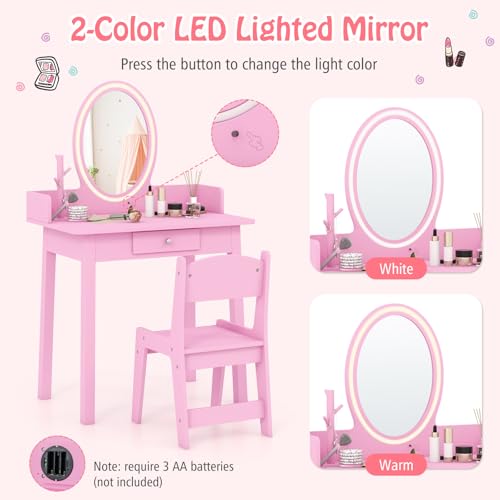 Kids Vanity Set with Lighted Mirror and Chair, 2-in-1 Toddler Makeup Table