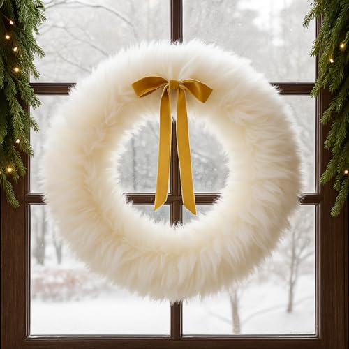 Suncalla 14-Inch White Furry Christmas Wreath with Khaki Bow - Holiday Door Decor