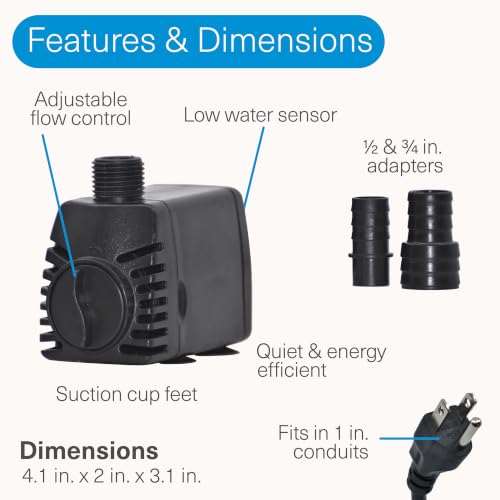 300 GPH Submersible Fountain Pump with Low-Water Shut-off