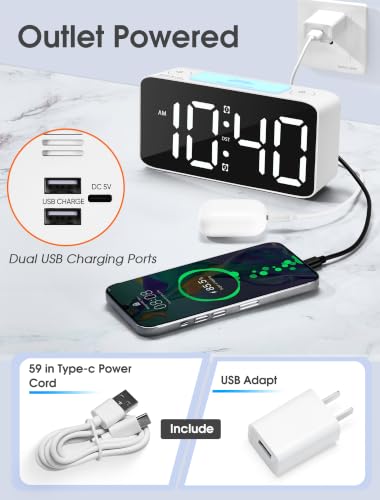 Extra Loud Digital Alarm Clock for Heavy Sleepers with RGB Display & USB Charger