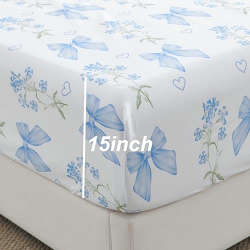 CCoutueChen Blue Bow & Floral Twin Sheet Set - Microfiber Bedroom Bedding