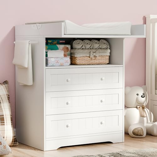 Foldable Baby Changing Table with 3 Drawers and Open Storage, White