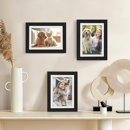 Black Wood Grain 5x7 Picture Frame Set with Mat - Rustic Wall Decor