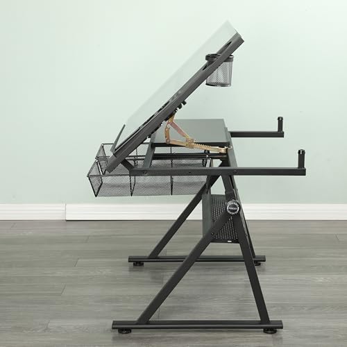 Adjustable Drafting Table with Tilting Glass Top and Storage Drawers