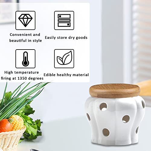 MEKBOK Garlic Keeper,Garlic Keeper for Counter,White Ventilated Garlic Container,Ceramic Garlic Storage Container with Bamboo Lid
