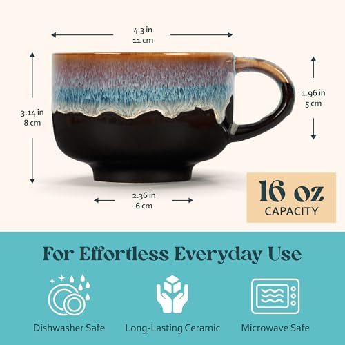 NOVA CERAMICS Monsoon 16oz Large Coffee Mug - Ceramic Drinkware with Handle