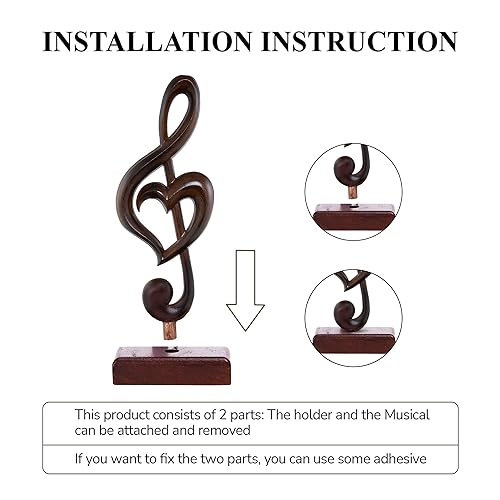 Handmade Wooden Heart Treble Clef Music Note Sculpture, 13-Inch Black Figurine