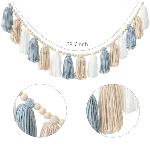 Boho Blue Tassel Garland with Wood Beads for Nursery and Home Decor